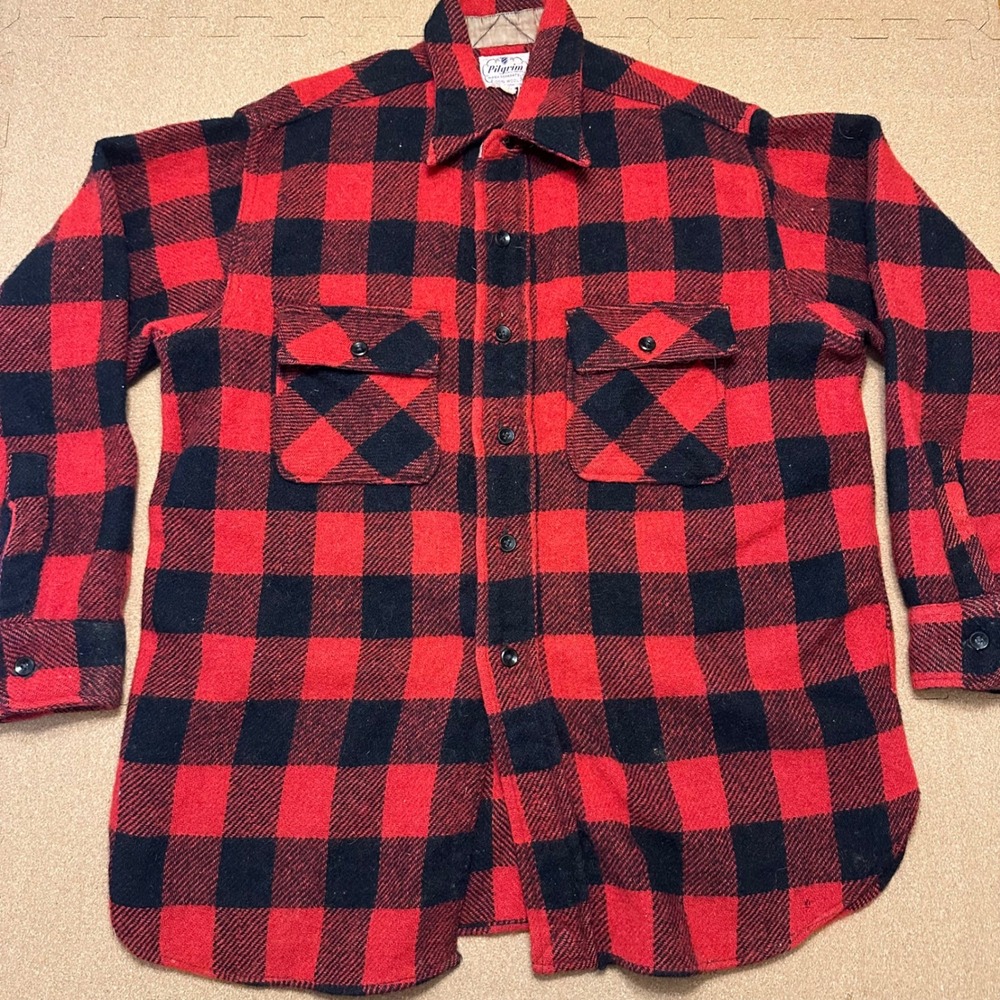 Pilgrim Wool Flannel Shirt Mens L Red Black Buffalo Plaid Vintage Button Down